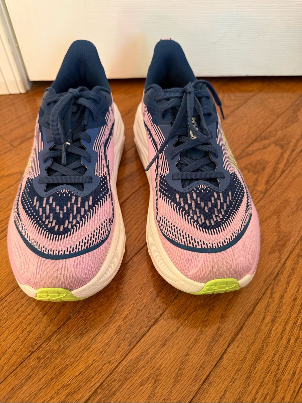 Hoka Women’s Hoka Skyward Pink and Navy Athletic Running Shoes with Lime Accents